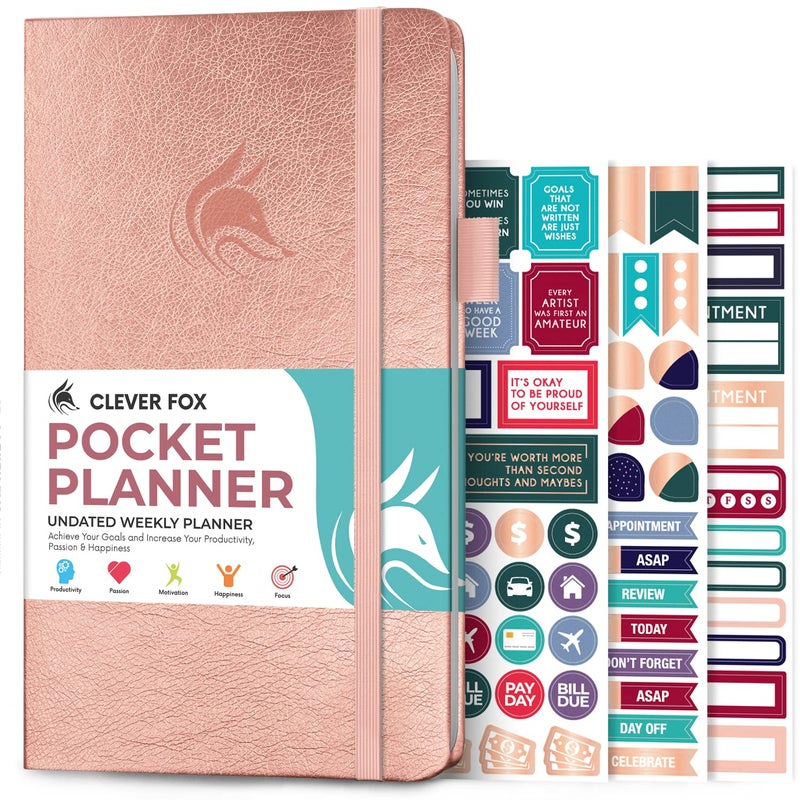 Clever Fox Pocket Planner Weekly â€“ Undated Monthly Goal Planner and Calendar, Mini Planner Perfect for Purse, 3.7x6.7" (Rose Gold) - Image 1
